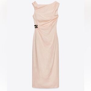 NWT Zara One-Shoulder Twist Peach Blush Sheath Dress with Gold Accent Size Small